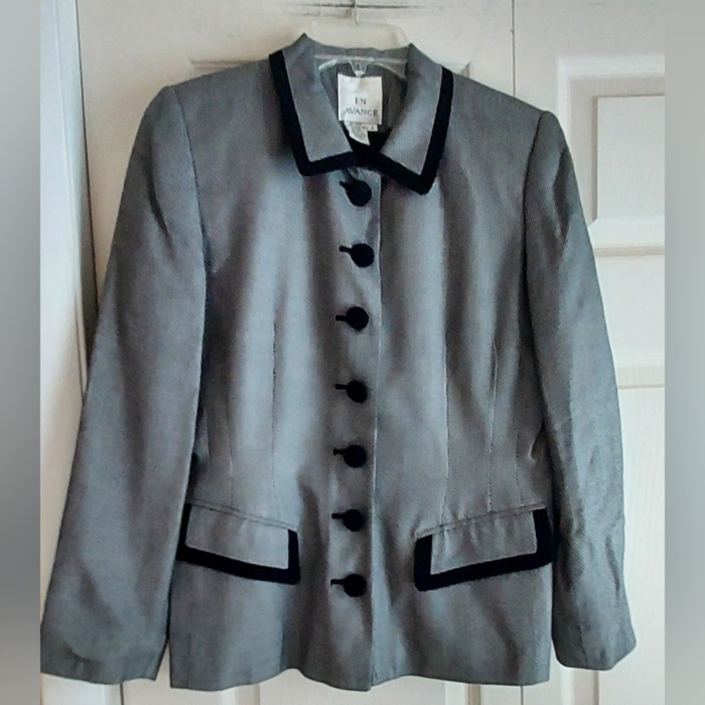 En Avance Womens 4 Blazer Jacket Tweed White Black Trim 90s Office Classic USA
